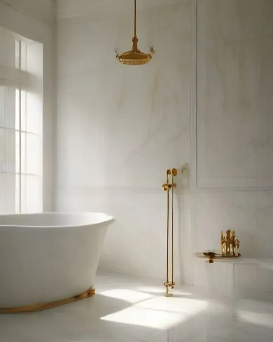 Marble bathroom with a freestanding bathtub and brass fittings