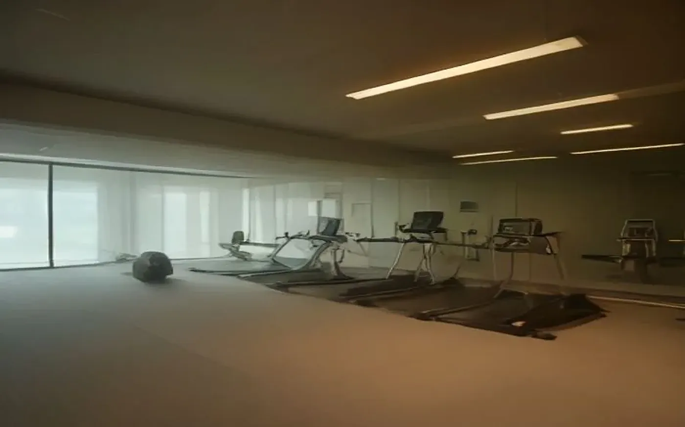 The private air-conditioned gym with treadmills and strength equipment beneath warm cove lighting