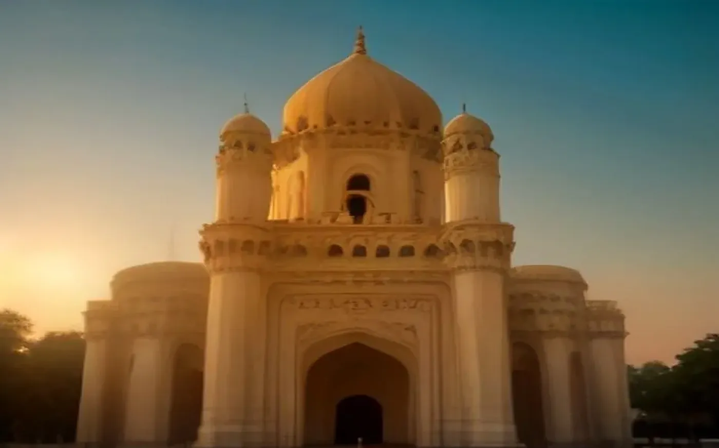 A domed Indo-Islamic heritage monument glowing at golden hour, evoking Hyderabad's Nizam-era architecture
