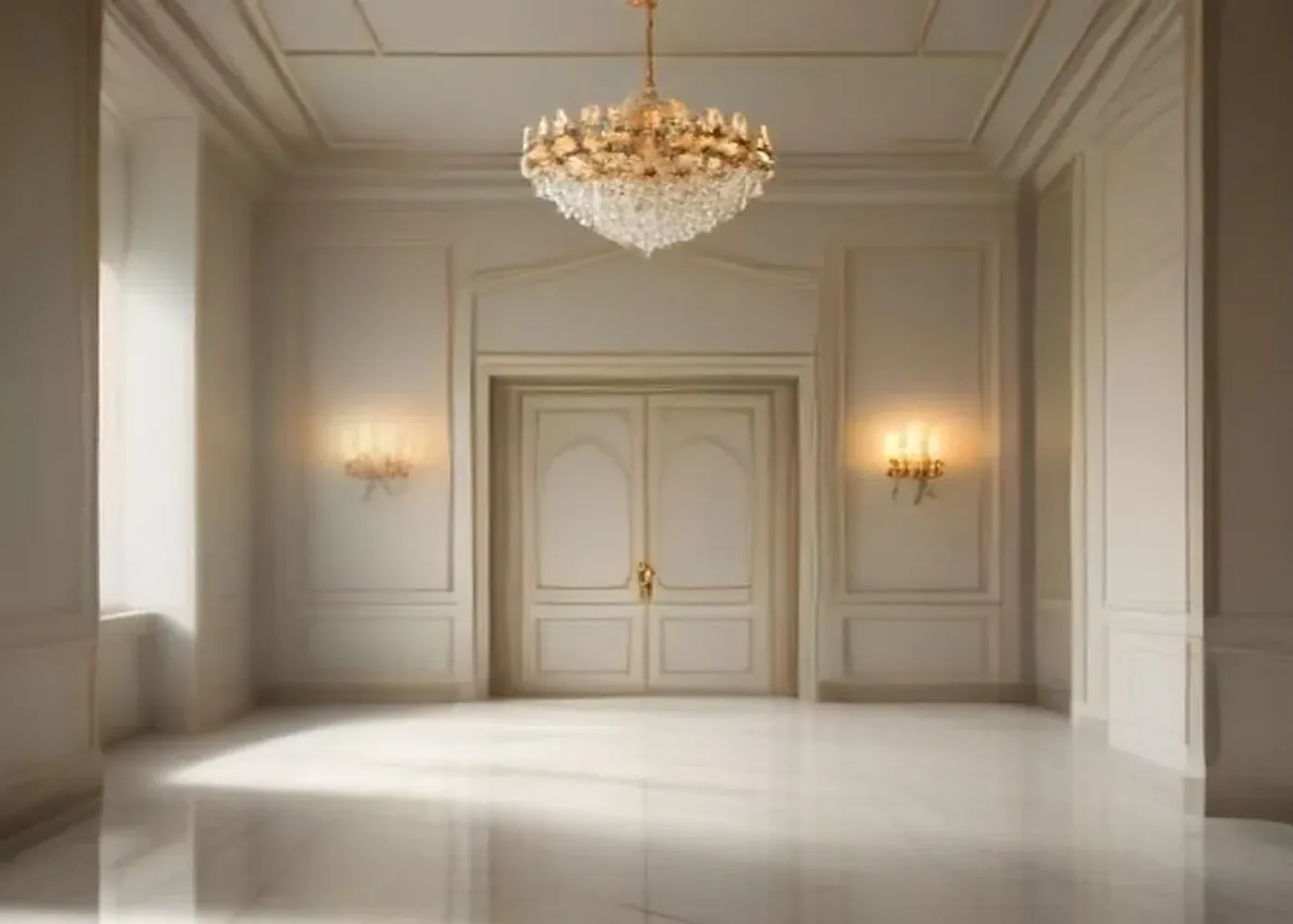The White House arrival hall with white marble floors, a crystal chandelier and carved double doors