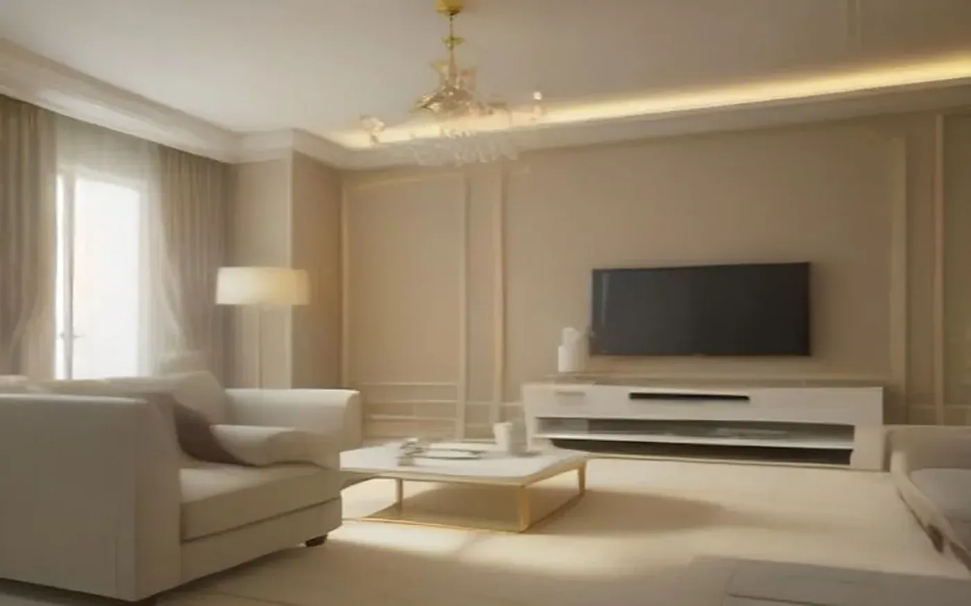 Residence living room with a smart TV and cream sofa
