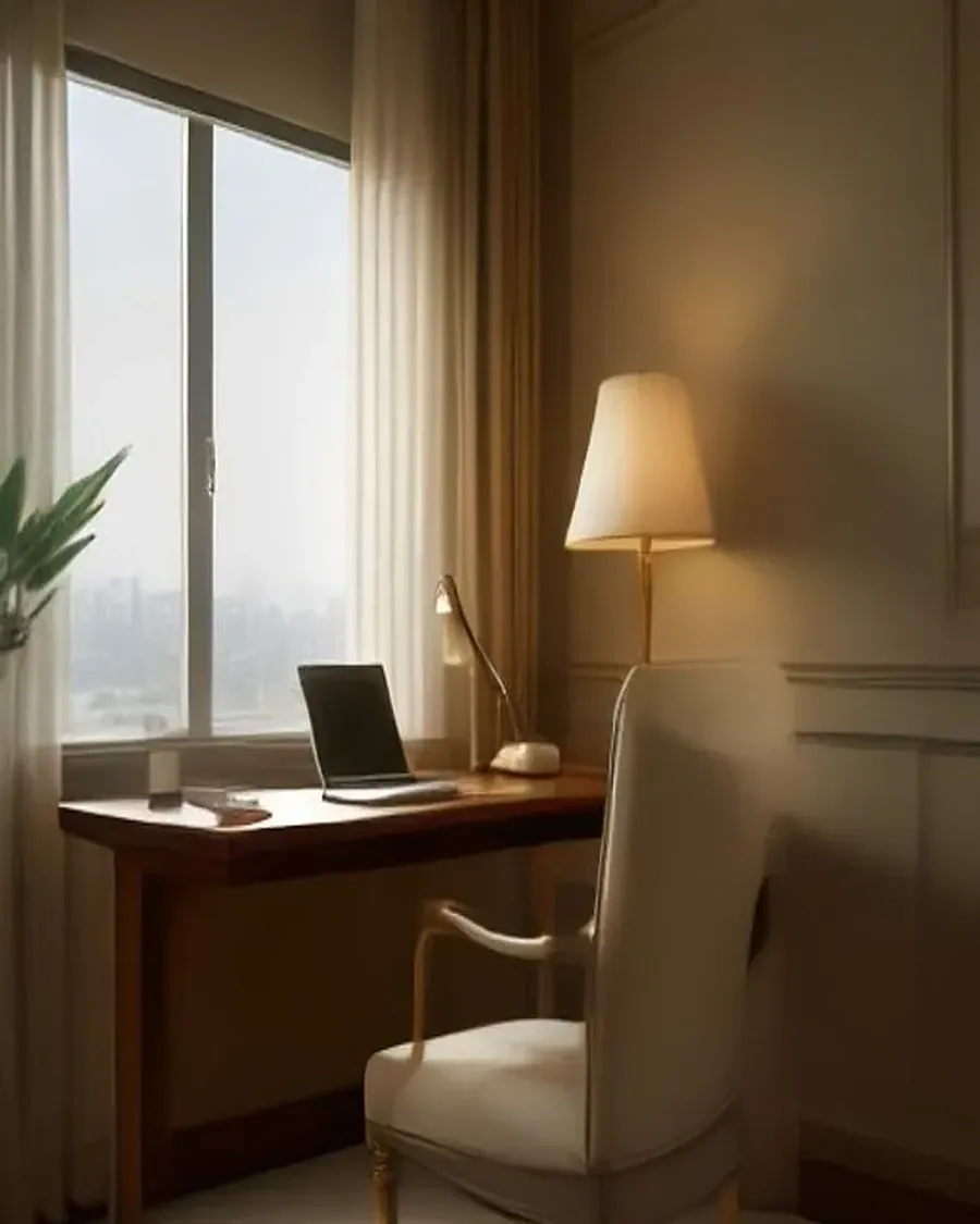 A walnut work desk with a leather chair beside a window